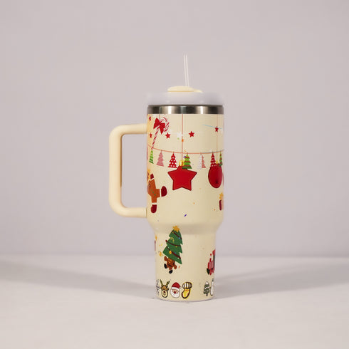 New Christmas Pattern Mug With Handle Lid Straw Drinkware Stainless Steel Vacuum c Large Capacity Car Travel Coffee Cup